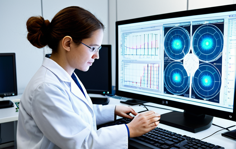 A professional female physical chemist in a modest lab coat, fully clothed, is diligently working at an advanced spectroscopy workstation in a modern, brightly lit research laboratory. She is deeply focused on a holographic display that reveals intricate molecular structures gracefully interacting with light waves, symbolizing the fundamental principles of quantum chemistry and the "language of light." The background features pristine scientific equipment and subtle, glowing data visualizations, enhancing the sense of discovery. The image highlights perfect anatomy, correct proportions, well-formed hands, and a natural pose, presented as a high-quality professional scientific illustration, appropriate content, safe for work, and family-friendly.