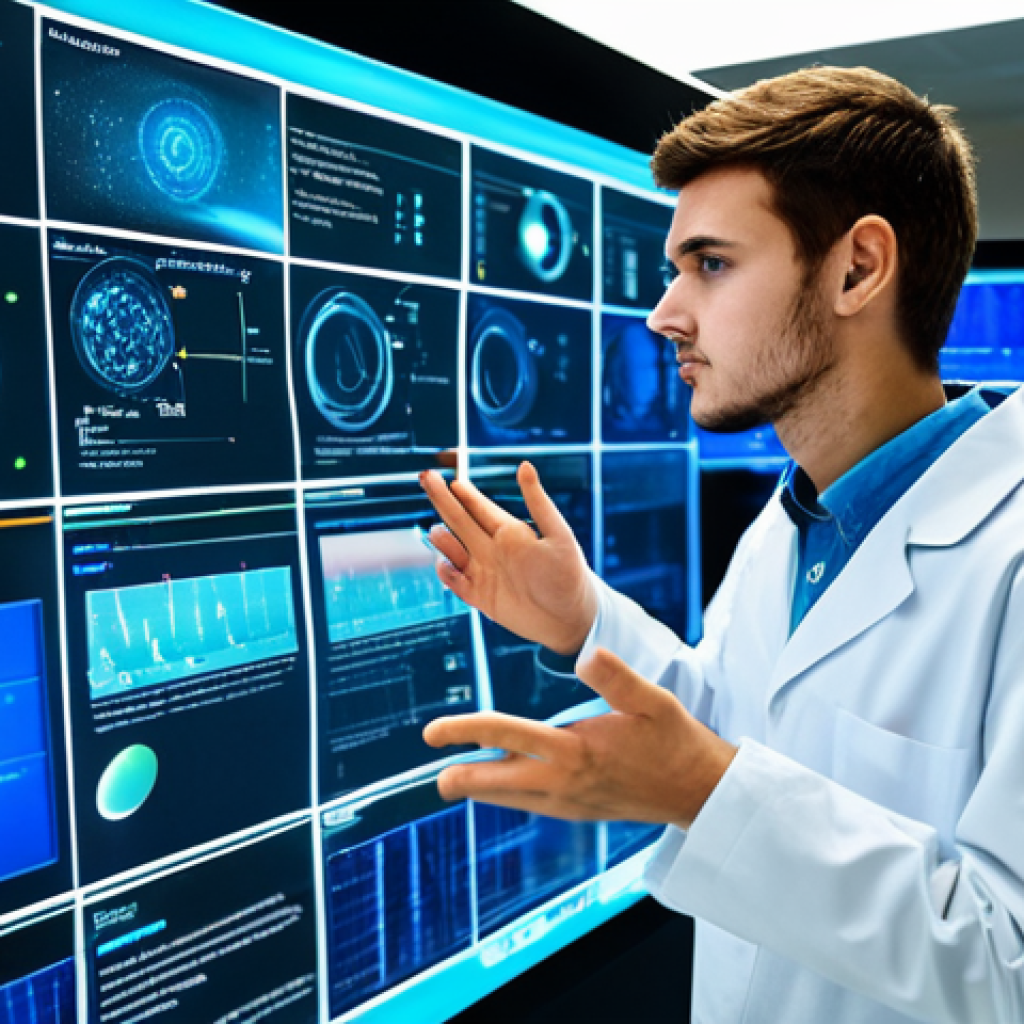 A young adult student, fully clothed in a professional yet comfortable attire, focusing intently in a modern, well-lit university chemistry laboratory, surrounded by sleek digital screens and high-tech equipment. The student is interacting with a holographic projection of complex molecules floating in the air, gesturing as if manipulating them with precision and curiosity. A subtle glow emanates from the holographic display. Professional photography, high detail, sharp focus, vibrant colors, clean aesthetic, perfect anatomy, correct proportions, natural pose, well-formed hands, proper finger count, natural body proportions, safe for work, appropriate content, fully clothed, professional dress, modest clothing, family-friendly.