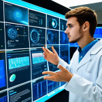 A young adult student, fully clothed in a professional yet comfortable attire, focusing intently in a modern, well-lit university chemistry laboratory, surrounded by sleek digital screens and high-tech equipment. The student is interacting with a holographic projection of complex molecules floating in the air, gesturing as if manipulating them with precision and curiosity. A subtle glow emanates from the holographic display. Professional photography, high detail, sharp focus, vibrant colors, clean aesthetic, perfect anatomy, correct proportions, natural pose, well-formed hands, proper finger count, natural body proportions, safe for work, appropriate content, fully clothed, professional dress, modest clothing, family-friendly.