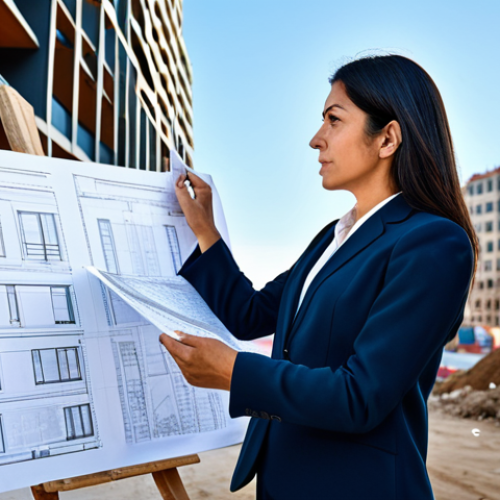 Home 23 **
A successful Latina architect in her late 30s, wearing a tailored, modest blazer and dress pants, reviewing blueprints on a construction site in Barcelona, Spain. The background features modern buildings and a clear blue sky. "Safe for work," "appropriate content," "fully clothed," "professional," perfect anatomy, correct proportions, well-formed hands, natural pose, professional photography, high resolution.
**