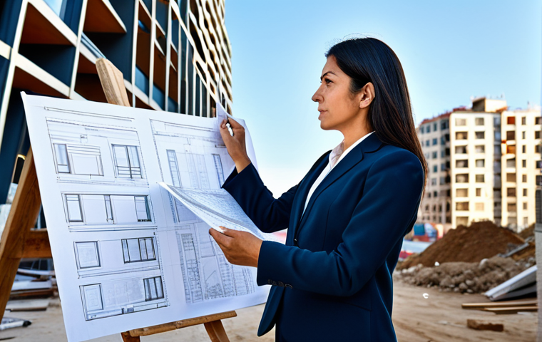**

A successful Latina architect in her late 30s, wearing a tailored, modest blazer and dress pants, reviewing blueprints on a construction site in Barcelona, Spain. The background features modern buildings and a clear blue sky. "Safe for work," "appropriate content," "fully clothed," "professional," perfect anatomy, correct proportions, well-formed hands, natural pose, professional photography, high resolution.

**