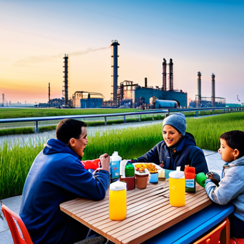 Home 12 Petrochemical Plant & Daily Life Integration**
"A sprawling petrochemical plant at dawn, steam rising against a vibrant sky. In the foreground, a modern family enjoys breakfast at an outdoor table. The table is covered with colorful, everyday items: plastic containers, synthetic fabrics, medicine bottles. Fully clothed family, safe for work, focus on demonstrating the interconnectedness of industry and modern living, realistic, detailed, high resolution."
**