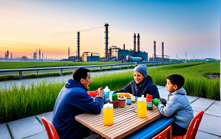 Petrochemical Plant & Daily Life Integration**

"A sprawling petrochemical plant at dawn, steam rising against a vibrant sky. In the foreground, a modern family enjoys breakfast at an outdoor table. The table is covered with colorful, everyday items: plastic containers, synthetic fabrics, medicine bottles. Fully clothed family, safe for work, focus on demonstrating the interconnectedness of industry and modern living, realistic, detailed, high resolution."

**