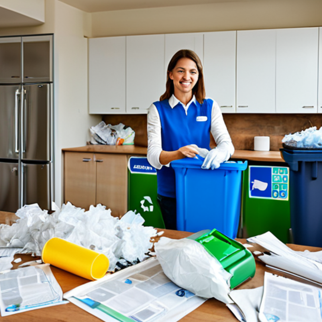 재활용 및 화학적 처리 - Responsible Recycling Practices**

A brightly lit kitchen scene featuring a person sorting waste int...