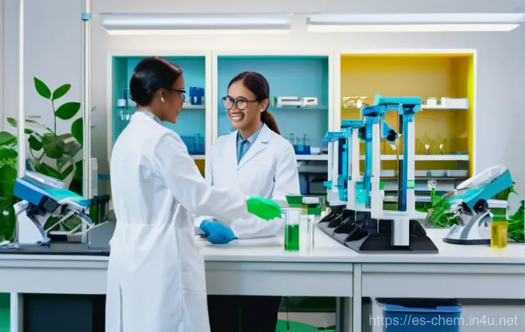 화학 연구의 미래 - **Prompt:** A vibrant, futuristic laboratory focused on sustainable chemistry and bioplastics. The s...