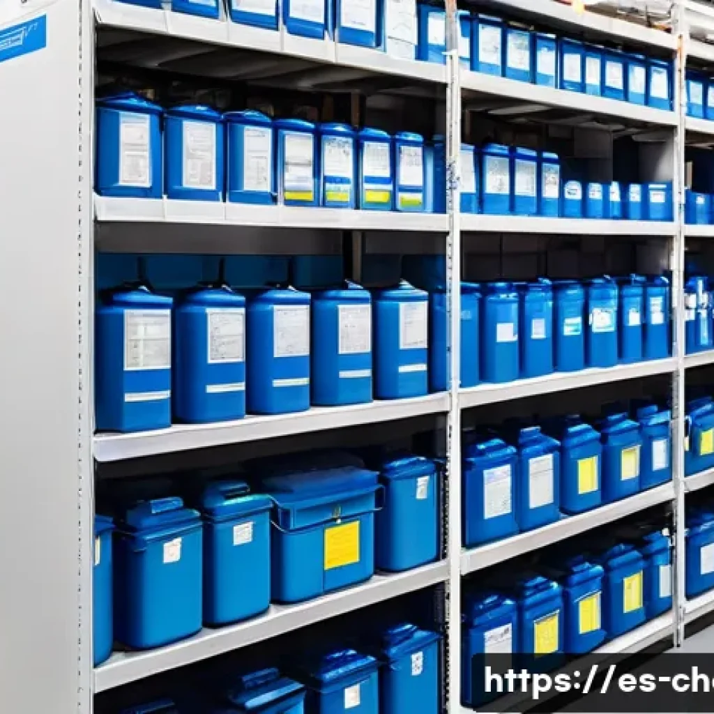 화학물질 관리 및 규제 - A modern European chemical storage facility interior, showing neatly organized chemical containers l...