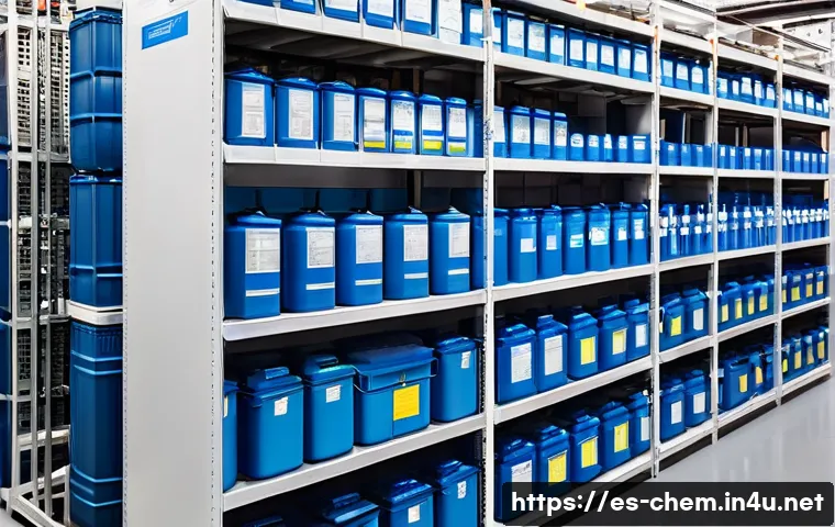 화학물질 관리 및 규제 - A modern European chemical storage facility interior, showing neatly organized chemical containers l...
