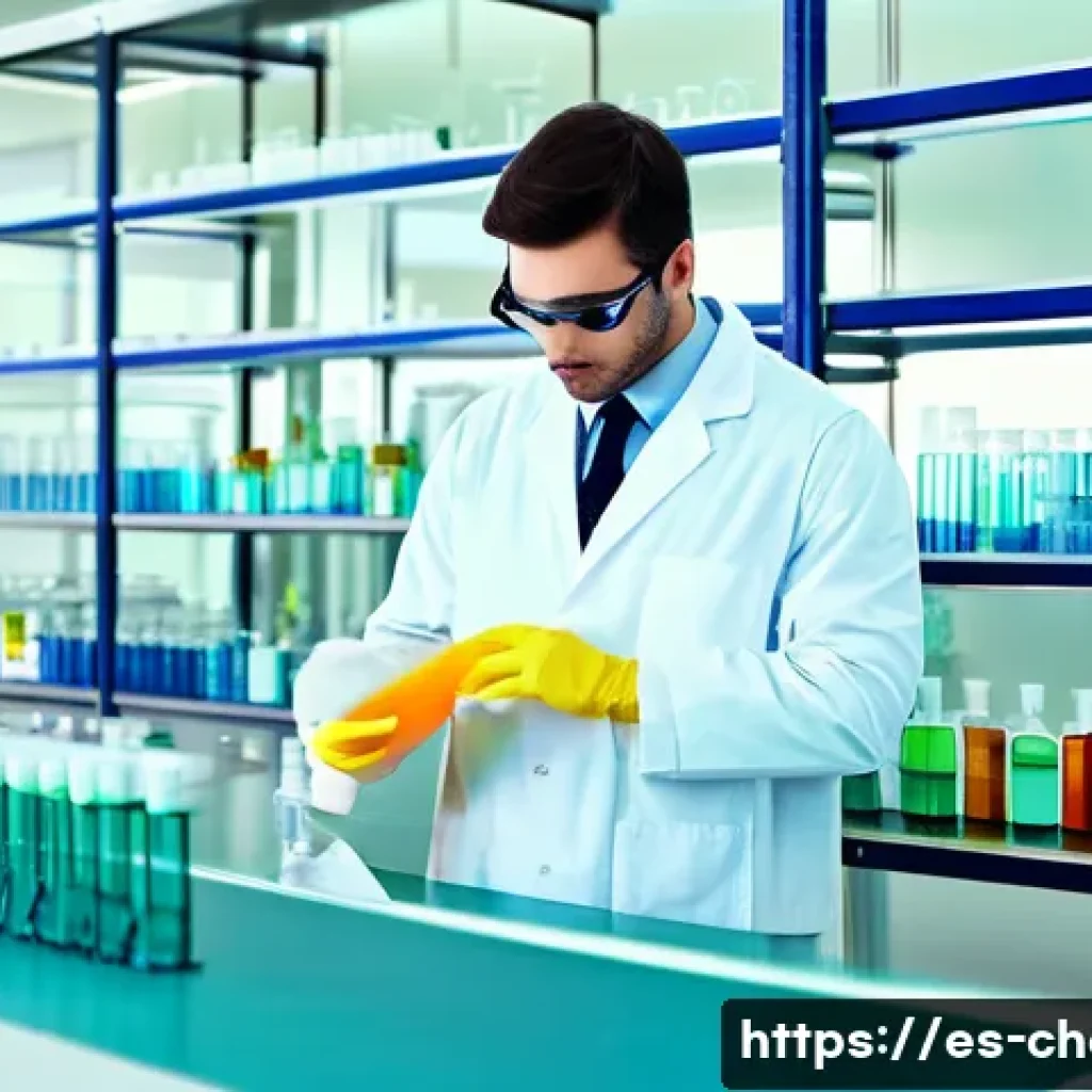 화학 실험 기법 - A modern chemistry laboratory with a clean and organized workspace, featuring neatly arranged volume...