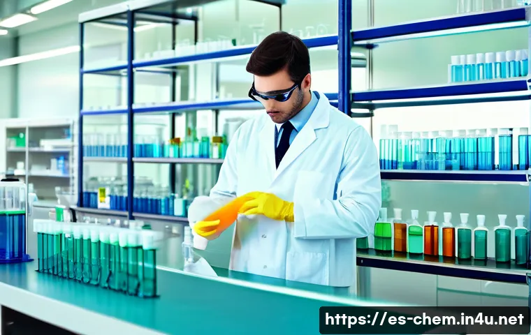화학 실험 기법 - A modern chemistry laboratory with a clean and organized workspace, featuring neatly arranged volume...