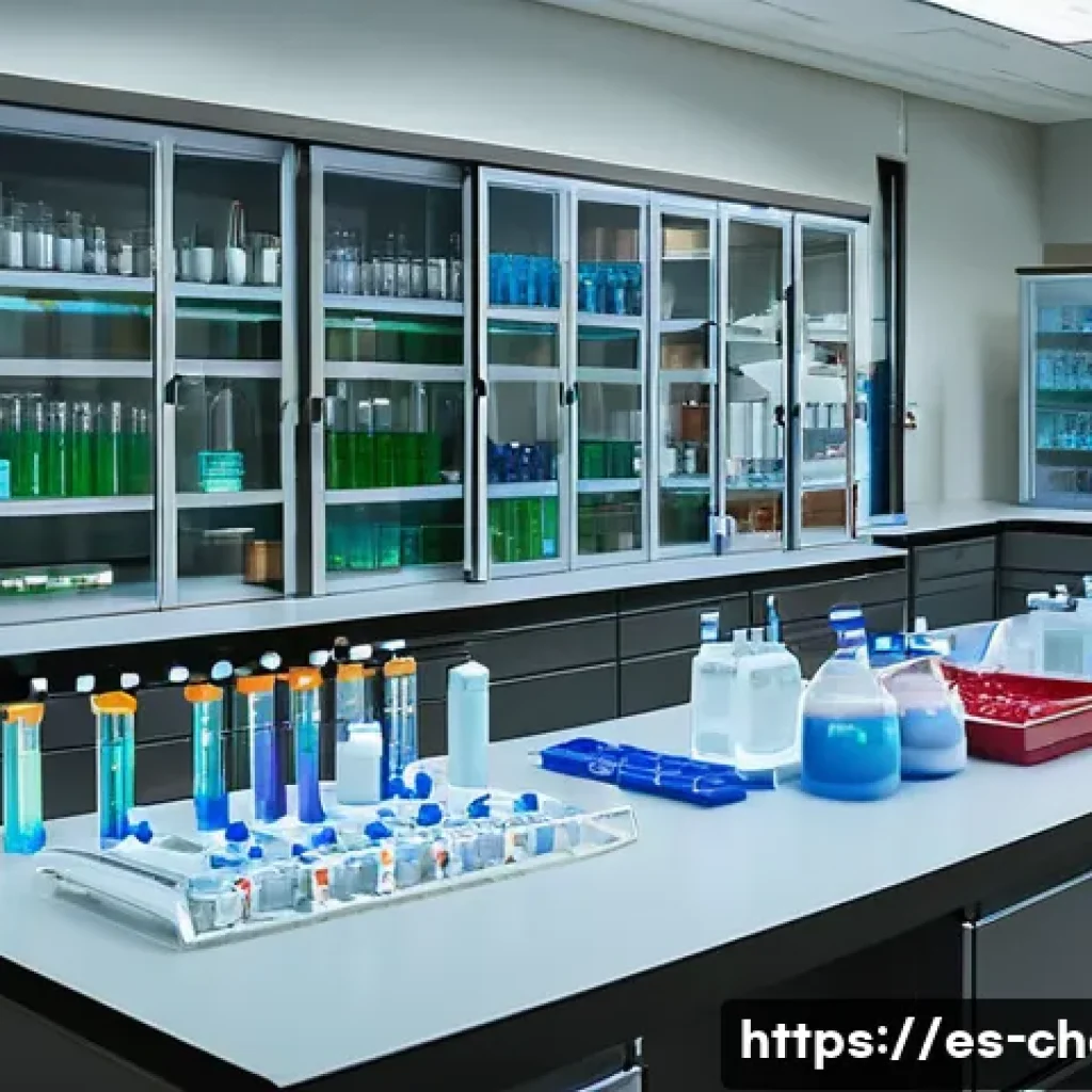실험 재료 준비법 - A well-organized laboratory workspace showcasing essential materials for a chemistry experiment, inc...