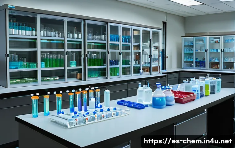 실험 재료 준비법 - A well-organized laboratory workspace showcasing essential materials for a chemistry experiment, inc...