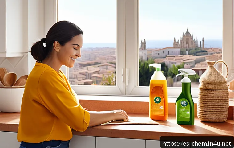 화학 물질의 규제 - A modern Spanish household kitchen scene focusing on eco-friendly cleaning products on the counter, ...