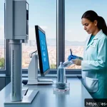 화학 생물학 - A high-tech Spanish hospital laboratory scene showcasing advanced molecular biosensors for early dis...
