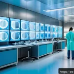생화학 - A futuristic hospital laboratory in Spain showcasing a diverse team of scientists and medical profes...