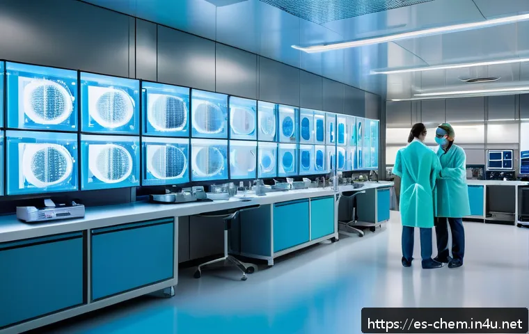 생화학 - A futuristic hospital laboratory in Spain showcasing a diverse team of scientists and medical profes...