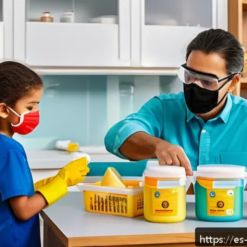화학 제품의 안전성 - A detailed scene of a Hispanic family in a bright, modern kitchen carefully reading chemical product...