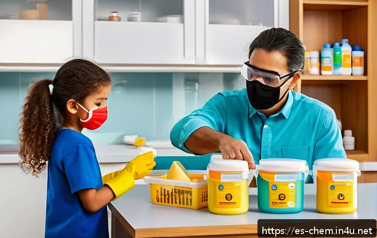 화학 제품의 안전성 - A detailed scene of a Hispanic family in a bright, modern kitchen carefully reading chemical product...