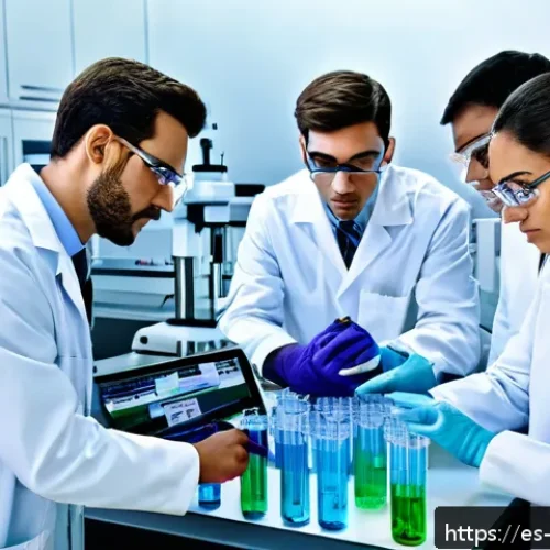 분석화학 - A modern analytical chemistry laboratory scene featuring a diverse team of Hispanic scientists weari...
