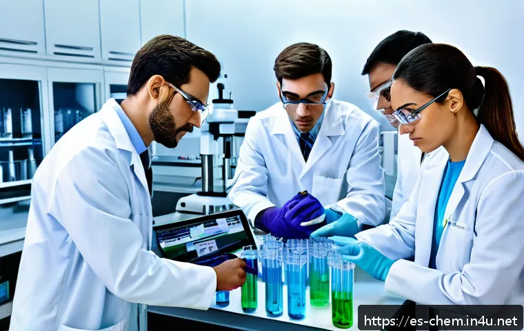 분석화학 - A modern analytical chemistry laboratory scene featuring a diverse team of Hispanic scientists weari...