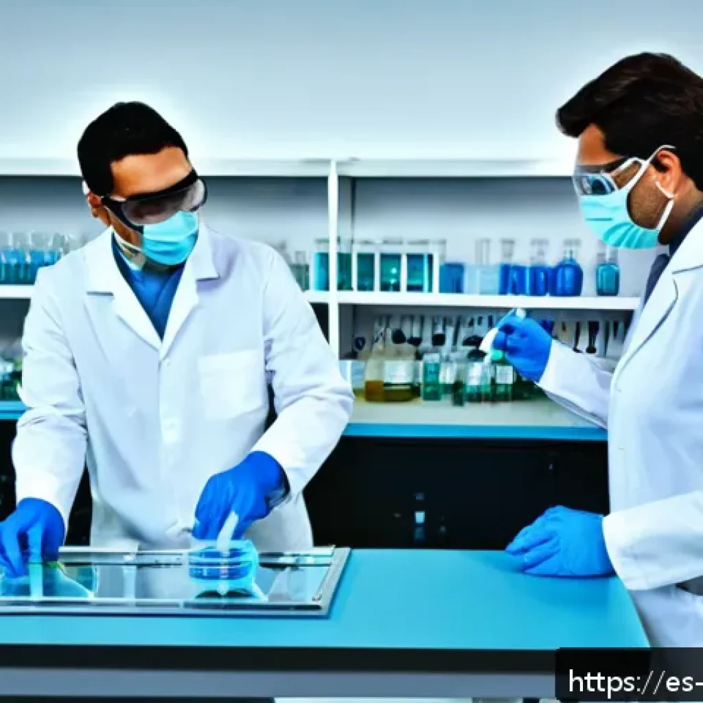분석화학 기초 - A modern chemistry laboratory scene featuring a diverse group of adult scientists wearing appropriat...