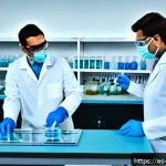 분석화학 기초 - A modern chemistry laboratory scene featuring a diverse group of adult scientists wearing appropriat...