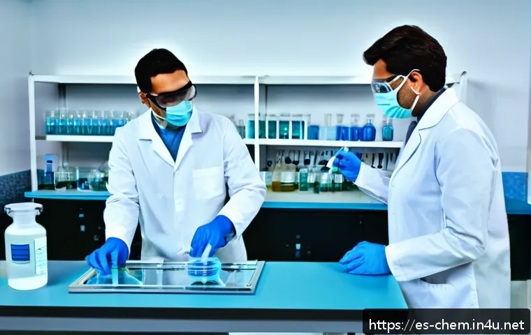 분석화학 기초 - A modern chemistry laboratory scene featuring a diverse group of adult scientists wearing appropriat...