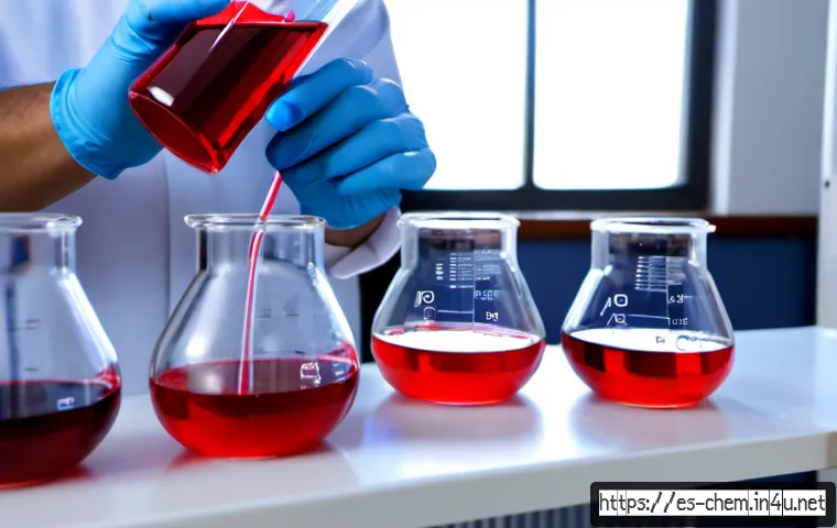 산 염기 이론 - Photorealistic educational chemistry laboratory scene illustrating acid-base theory, clear glass bea...