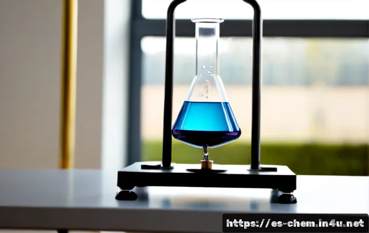 화학 물리학 - Photorealistic chemistry and physics laboratory scene, a clear glass beaker with vivid blue liquid b...