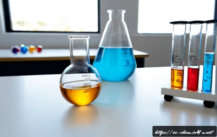Home 17 화학 기초 - Photorealistic chemistry basics laboratory scene, a clear glass beaker with transparent liquid besid...